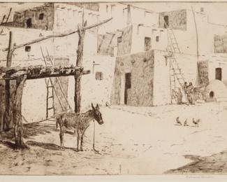 1260 Edward Borein (1872-1945) "Noontime in Taos," 1915 Etching and drypoint in brown ink on paper From the edition of unknown size Signed in pencil in the lower margin, at right: Edward Borein Plate: 7.875" H x 11.875" W; Sight: 8.375" H x 12.125" W Estimate: $700 - $900