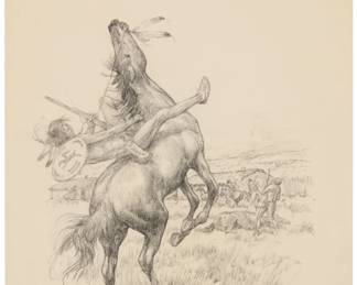 1378 Lorence F. Bjorklund (1911-1978) A battle scene with a Native American falling off a rearing horse Pencil on paper Signed lower right: L.F. Bjorklund; inscribed in ink on the frame's backing paper: "Original pencil drawing / reproduced on page 20 / 'The Papers of the Order of Indian Wars' / By John M. Carroll / My Catalog #1256" Sight: 12" H x 9" W Estimate: $200 - $300