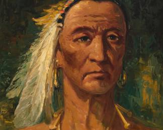 1110 Innocenzo Daraio (1903-1993) "Chief Big Tree" Oil on canvasboard Signed lower right: Innocenzo Daraio; signed again and titled verso 18" H x 14" W Estimate: $700 - $900