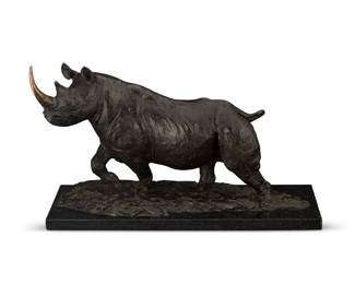 1327 Robert Glen (1940-2023) "Bull Rhino," 1991 Patinated and polished bronze on granite base Edition: 7/10 Signed, dated, and numbered in the casting: Robert Glen ©; impressed foundry mark: M / FONDERIA ITALY Bronze: 11.125" H x 18" W x 8.75" D; Overall: 11.75" H x 18.5" W x 9.5" D Estimate: $800 - $1,200