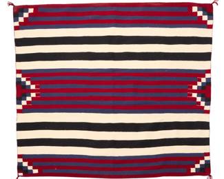 1098 A Navajo Third Phase Revival chief's blanket Mid/late 20th century, Diné Woven in red, blue, cream, and black wool, with banding and stepped motifs 47" H x 54.5" W Estimate: $800 - $1,200