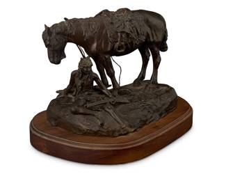 1197 Bob Scriver (1914-1999) "The Golden Dragon," 1973 Patinated bronze on wood plinth Edition: 9/30 Signed, titled, dated, and numbered in the casting: © BOB SCRIVER; with foundry mark: BRONZE [in a shaped cartouche] Bronze: 9.25" H x 11.625" W x 8.5" D; Overall: 11.125" H x 14.875" W x 10.25" D Estimate: $1,000 - $2,000