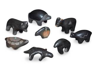1321 A group of eight Southwest Pueblo blackware pottery animals Mid/late 20th century Five variously incised with signature, two inscribed 'M' or 'E', and one incised: RG [conjoined] Comprising four bears and three turtles or lizards, four mounted with turquoise accents, by artists such as Kathy [Wan Povi] Sanchez (b. 1950, San Ildefonso Pueblo), Anacita Abeyta [Than Povi] Salazar (b. 1931, San Juan Pueblo), Adam Martinez (1903-2000, San Ildefonso Pueblo), and Cavan [Tse-whang Eagle Tail] Gonzales (b. 1970, San Ildefonso Pueblo) 8 pieces Largest: 2.625" H x 5" W x 2.5" D; Shortest: 1.125" H x 4" W x 2.5" D Estimate: $300 - $500