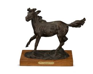 1119 Grant Speed (1930-2011) "Keepin' an Eye on the Riders," 1981 Patinated bronze on wood plinth Edition: 17/100 Signed, dated, numbered, and inscribed in the casting: UG Speed / © / CA Bronze: 9.5" H x 11.75" W x 4.5" D; Overall: 10.875" H x 12.25" W x 5.375" D Estimate: $1,000 - $1,500