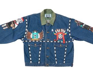 1424 A painted denim jacket, attributed to Marilyn Shula Sakeva, Hopi-Tewa Marilyn Shula Sakeva (1955-2019, Hopi-Tewa) Late 20th/21st century A Trader Bay custom jean jacket with Hopi dancer motifs With Canyon River Blues label Featuring five polychrome painted Hopi katsina dancer motifs, the blouson button-front jacket in blue denim with green cotton twill accents and large front pockets Size: XL; 27" H x 26" W (across back underarms); dropped sleeves: 24" L Estimate: $200 - $400