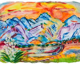 1214 Phyllis Kapp (b. 1930) "Laugh Like A Brook," 2010 Watercolor on handmade paper with Twinrocker blindstamp Signed, dated, and inscribed lower right: Phyllis Kapp / Santa Fe NM / 2010; titled on a gallery label affixed to the frame's backing board Sheet: 19" H x 25.5" W (irreg.) Estimate: $1,000 - $1,500