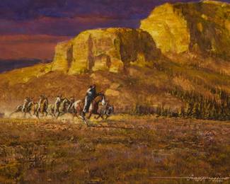 1247 Frank Magsino (1937-2020) "Wild Bunch," 1992 Oil on board Signed and dated lower right: Frank Magsino / 1992; titled on the frame plaque Sight: 4.5" H x 6.75" W Estimate: $500 - $700