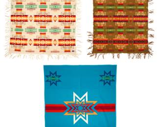 1421 Three Pendelton wool blankets Late 20th century Each with factory tag indicating fiber content; one further tagged with pattern title and inscription Comprising two blankets in the "Chief Joseph" pattern, and a "Sioux Star" blanket 3 pieces Beige: 65" H x 59" W; Dark brown: 65.25" H x 53" W; Star: 78" H x 65.5" W Estimate: $200 - $400