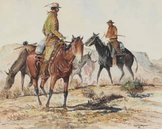 1123 Curtis Wingate (1926-1982) Two cowboys on horseback with a herd of horses Watercolor on paper Signed, inscribed, and with the artist's device lower right: Curtis - Wingate / © Sight: 12.5" H x 19" W Estimate: $500 - $700