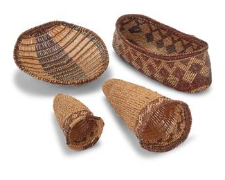 1348 Four Mono Paiute basketry items Early/mid-20th century; Great Basin Comprising two berry baskets, a winnowing tray, and an oval bowl with stacked diamond designs 4 pieces Oval: 4.75" H x 14.75" W x 7" D; Winnowing: 4.5" H x 11" W x 10.875" D; Larger berry: 11" L Estimate: $300 - $500