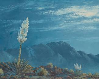 1222 John William Hilton (1904-1983) "Canyon Sunrise," 1969 Oil on board Signed lower right: John W. Hilton; signed again, dated, and inscribed in ink, all verso: "Saddleback Inn Nov. 21 1969 / for my friend Tod / Best wishes"; titled on an embossed label affixed verso 18" H x 24" W Estimate: $600 - $800