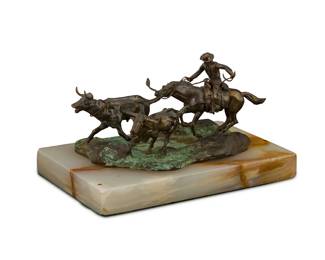 1187 Ron Lee (1947-2017) Cowboy on horseback roping a steer, 1970 Verdigris and patinated bronze on marble plinth Edition:1/50 Signed, dated, and numbered in the casting: © Ronl Bronze: 3.375" H x 7" W x 4.875" D; Overall: 4.25" H x 7.875" W x 5.25" D Estimate: $300 - $500