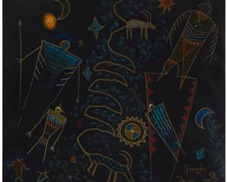 1105 Bernie Granados Jr. (20th/21st Century, Apache/Zacatec) "Storytellers," 1994 Acrylic on canvas Signed and dated lower right: Granados / '94; signed and dated again, and titled, all in pencil, verso 24.25" H x 24.25" W Estimate: $400 - $600