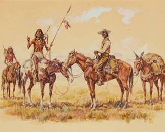 1170 George Harrison (20th Century) "Apache Guide," 1969 Tempera on board Signed indistinctly and dated in ink, and with the artist's shield device in paint, all lower right: George Harrison '69; titled on a gallery label affixed to the verso 12.5" H x 16.5" W Estimate: $200 - $300