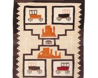 1094 A Navajo pictorial textile Mid-20th century, Diné Woven in dark brown, natural brown, cream, tan, red, orange, and pink wool, depicting a central hogan and a stylized storm pattern with red rock landscapes, Model T-style cars, and corn stalks, with a stepped long border 33.5" H x 27.5" W Estimate: $400 - $600