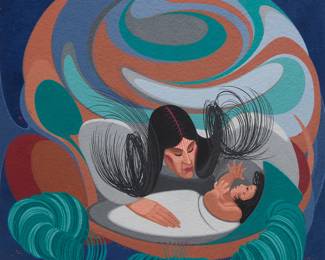 1101 Oscar Howe (1915-1983, Yanktonai Dakota) "Sioux Mother and Child," 1963 Casein on paper Signed lower left: Oscar Howe Image: 20" H x 19" W; Sheet: 21.625" H x 20.75" W Estimate: $100,000 - $150,000