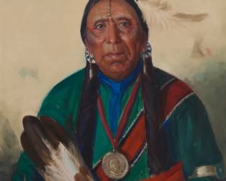 1108 Kathryn Woodman Leighton (1875-1952) "Sky Chief" Oil on canvas Signed lower right: Kathryn W. Leighton; titled and inscribed "C1123" in pencil on the stretcher 36" H x 28.25" W Estimate: $15,000 - $25,000