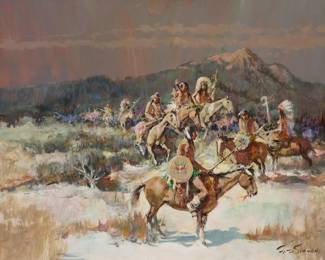 1130 Arthur J. Fitzsimmons (1909-1992) "Arranged Meeting" Oil on Masonite Signed lower right: Fitzsimmons; signed again and titled on the frame's backing paper 27.5" H x 33.5" W Estimate: $800 - $1,200