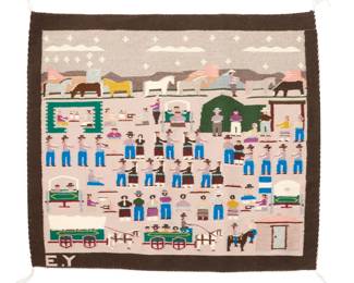 1264 An Elizabeth Yazzie Navajo pictorial textile Elizabeth Yazzie (b. 1947, Diné) Late 20th century Signed in the weaving: EY, with spirit line Woven in multicolor wool, depicting 59 figures and 9 horses in an elaborate evening celebration with people lined up, dancing, traveling in carts with horses, and other activities set against a mountain landscape 28.25" H x 33" W Estimate: $1,000 - $1,500