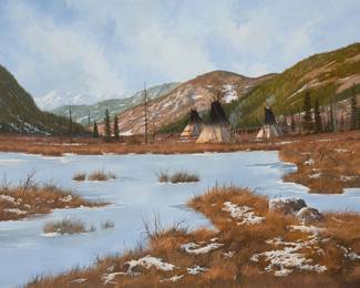1160 Gerald Lilly (b. 1943) "Signs of Winter (Ute Indians - Rawlins Pass, Colorado)" Egg tempera on masonite Signed lower right: Gerald Lilly; signed again, titled, and inscribed "#001002" on a label affixed verso 30" H x 40" W Estimate: $300 - $500