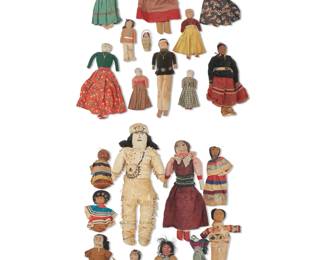 1399 A large group of Native American dolls 20th century Each stuffed fabric or hide, some with beadwork, applied yarn, or other decorative accents 23 pieces Largest: 20" H x 9" W x 3.75" D; Smallest: 3.75" H x 1.875" W x 1" D Estimate: $400 - $600