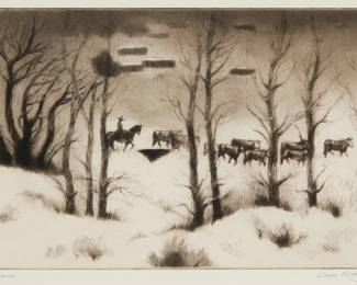 1256 Gene Kloss (1903-1996) "To the Corral," 1976 Etching, drypoint, and aquatint on wove paper Edition: 41/50 Signed, titled, and numbered in pencil along the lower margin: Gene Kloss Plate: 9" H x 15" W; Sight: 10 " H x 15.625" W Estimate: $500 - $700