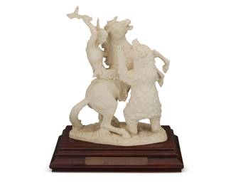 1159 Gerhard Skrobek (1922-2007) "Attacked by a Grizzly" porcelain figural group for W. Goebel Porzellanfabrik, 1972 Edition: 42/400 Incised signature on the base: Skrobek; stamped with date and number on the underside: 1972 / 1600134 / 33; numbered to metal plaque applied to base Bisque porcelain raised on a wood plinth Porcelain: 13" H x 9.625" W x 6.875" D; Base: 2.375" H x 12.5" W x 9.25" D Estimate: $200 - $300
