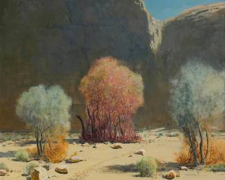 1218 James Swinnerton (1875-1974) "Smoke Tree and Desert Willow, Shaker's Well" Oil on canvas Signed lower right: Swinnerton -; titled on a gallery label affixed to the frame's verso 28.25" H x 34" W Estimate: $3,000 - $5,000