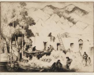 1257 Gene Kloss (1903-1996) "Corn Husking Time," 1979 Etching and drypoint in black ink on wove paper Edition: 4/50 Signed, titled, numbered, and inscribed in pencil in the lower margin: Gene Kloss N.A. Plate: 9" H x 12" W; Sight: 9.75" H x 12.5" W Estimate: $500 - $700