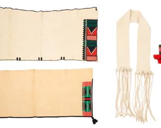 1413 A group of Hopi Pueblo textile items Five works: Herbert Talahaftewa (b. 20th century, Hopi Pueblo) Mid-20th century With retail tag indicating weaver A long twill-woven cotton sash, woven in two parts, and each end with long, elaborate multiple ball tassel fringing 93" L x 5.5" H (including fringe) A group of Hopi Pueblo textile items Mid/late 20th century Comprising two cotton kilts, each with polychrome geometric embroidery to each short side, together with two pairs of arm/leg bands, one pair woven in red, green, and black banding, with red tassels, and the other pair embroidered on mesh with geometric motifs in red, green, white, and black yarn 6 pieces Kilts: 23" H x 46" W & 19.5" H x 47.5" W; Cuffs: 4.5" H x 11" W & 4" H x 11.5" W, tassels: 3" H 8 pieces total Estimate: $300 - $500