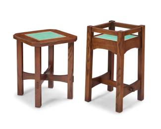 1336 Two Stickley tile top plant stands, nos. 89-52 & 89-48 2011 & 2013 With factory burn mark and applied metal Mission Reissue label; stamped with date and model number: 89-48 [or] 89-52: / 32 Each with inset tile top, comprising one with upper gallery and joined by an H-stretcher with keyed mortise and tenon joints, and one with cut-out corners joined by a shaped X-stretcher 2 pieces Taller: 26.5" H x 13.5" W x 13.5" D; Shorter: 22.25" H x 17" W x 17" D Estimate: $300 - $500