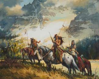 1245 Sherry L. Gribben (20th Century) Three Native Americans on horseback in mountainous terrain, 1982 Gouache on paper Signed, dated, and inscribed lower left: Sherry L. Gribben 1982 © Sight: 23" H x 19" W Estimate: $500 - $700