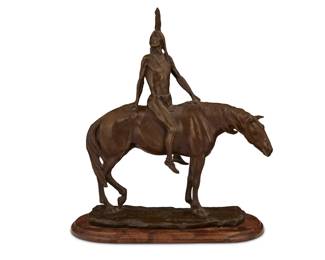 1254 After Charles Henry Humphriss (1871-1934) "The Warrior," modeled 1904 Patinated bronze on a marble plinth Signed and dated in the casting: Ch. H. Humphriss Bronze: 16.5" H x 14.125" W x 4.625" D; Overall: 17.25" H x 15.5" W x 6.25" D Estimate: $500 - $700