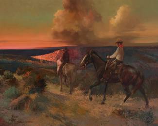 1141 Charles Damrow (1916-1989) Cowboys on horseback watching the sunset Oil on canvas Signed lower left: Charles Damrow 28" H x 36" W Estimate: $1,000 - $1,500