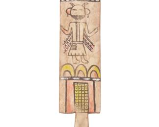1410 A Hopi Pueblo polychrome wood dance paddle Possibly late 19th century Each side decorated with an ogre katsina and banded geometric motifs 19.5" H x 4.625" W x 0.5" D Estimate: $600 - $800