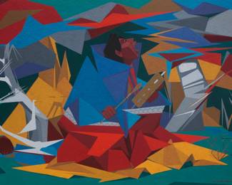 1100 Oscar Howe (1915-1983, Yanktonai Dakota) "Sioux Singer," 1962 Casein on paper Signed lower right: Oscar Howe Image: 21" H x 28.5" W; Sheet: 22.5" H x 30.125" W Estimate: $150,000 - $250,000