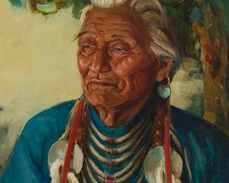 1109 Kathryn Woodman Leighton (1875-1952) "Shoshone Indian," circa 1950 Oil on canvas laid to Masonite Signed lower right: Kathryn W. Leighton; titled in pencil on the canvas overlap, verso 24" H x 20" W Estimate: $10,000 - $15,000
