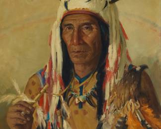 1106 Kathryn Woodman Leighton (1875-1952) "Medicine Man with Sacred Whistle" Oil on canvas laid to Masonite Signed lower left: Kathryn W. Leighton; titled in another hand on the frame's backing paper 30" H x 25" W Estimate: $15,000 - $25,000