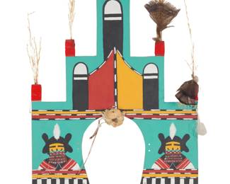 1408 A Hopi polychrome wood dance tableta Late 20th/early 21st century Decorated with maiden katsinas and crested by kiva steps mounted with feathers, wild grass, and a circular bundle of grasses, with cord strapping With ornamentation: 22.5" H x 16.25" W x 1.25" D Estimate: $200 - $400