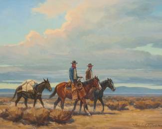 1122 Nicholas Samuel Firfires (1917-1990) "Desert Riders," 1964 Oil on canvas Signed and dated lower right: Nicholas S. Firfires 1964 ©; titled by repute 18" H x 24" W Estimate: $1,000 - $1,500