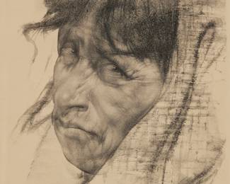 1373 Nicolai Ivanovich Fechin (1881-1955) Untitled, from the "Portfolio of Sixteen Lithographs," 1946 Lithograph on wove paper From the edition of 978 Signed and inscribed in pencil lower right and lower left, respectively: Nicolai Fechin / P.R.; Northridge House, pub.; alternatively titled "Portrait of a Matriarch" or "la Abuela," by repute Image: 15" H x 10.5" W; Sight: 15.5" H x 11.25" W Estimate: $500 - $700