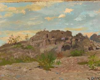 1219 Ettore Serbaroli (1881-1951) Mohave desert landscape Oil on canvas laid to canvas Signed and indistinctly dated lower right: E. Serbaroli / 1939 8" H x 11" W Estimate: $800 - $1,200