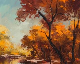 1193 John Fredrick "Jack" Hannah (1903-1994) "By the River Side" Oil on canvas Signed lower left: Jack / Hannah; titled and numbered "658-7" on the stretcher 12.125" H x 9.125" W Estimate: $200 - $400