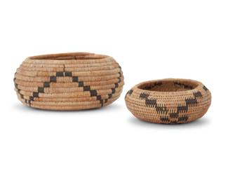 1239 Two diminutive Pomo basketry bowls Early 20th century; Central California Each coiled, comprising one with sawtooth band above four triangles issued from center, and one with stepped X's issuing from center 2 pieces Larger: 1.875" H x 4.125" Dia.; Smaller: 1.125" H x 2.875" Dia. Estimate: $250 - $350