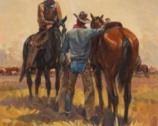 1120 Nicholas Samuel Firfires (1917-1990) "Two of a Kind," 1964 Oil on canvasboard Signed and dated lower left: Nicholas S. Firfires 1964 ©; titled on a label affixed to the frame's backing paper 20" H x 16" W Estimate: $2,000 - $3,000