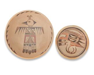 1300 Two Hopi Pueblo polychrome pottery bowls Two works: Marilyn Shula Sakeva (1955-2019, Hopi-Tewa) A polychrome pottery bowl, late 20th/early 21st century Signed to underside: Marilyn Shula Depicting a bird figure at center interior 2.25" H x 8.5" Dia. Ella Mae Talashie (1921-1995, Hopi-Tewa) A polychrome pottery bowl, late 20th century Signed to underside: ELLA MAE TALASHIE Decorated with avian motifs 1.25" H x 6" Dia. 2 pieces Estimate: $200 - $400