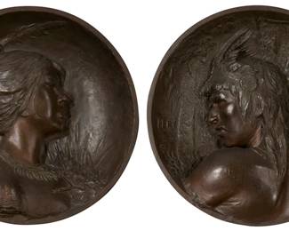 1250 A pair of French patinated bronze plaques: "Pery" and "Iracema" Rodolfo Bernardelli (1852-1931), late 19th century/early 20th century Each signed indistinctly and with foundry mark: THIEBAUT FRERES / FONDEURS / PARIS Depicting Native American subjects, set in later giltwood frames 2 pieces Each: 16.25" Dia. Estimate: $2,000 - $3,000