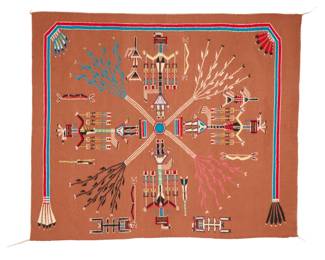 1265 A Navajo sandpainting textile Mid-20th century, Diné Woven in multicolor wool, depicting six Yei figures, bows and other objects, and four bunches of five corn stalks within a rainbow border 46" H x 55.5 W Estimate: $800 - $1,200