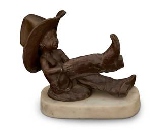 1151 Juan Dell (1933-2019) "Big Shot" Patinated bronze in two parts on a marble plinth Edition: 14/50 Signed, titled, and numbered in the casting: Juan Dell © Bronze boy only: 3.75" H x 5.625" W x 2.25" D; Hat: 1.875" H x 3.625" W x 2.875" D; Plinth: 1" H Estimate: $400 - $600