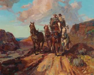 1121 Wil Timpe (b. 1920) "The Stagecoach," 1971 Oil on canvas Signed and dated lower left: W. Timpe -71; titled by repute 20" H x 24" W Estimate: $1,000 - $1,500